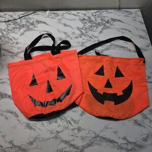 Bright Orange Pumpkin Face Drawstring Handle Trick or Treat Bags ( Set of 2 )